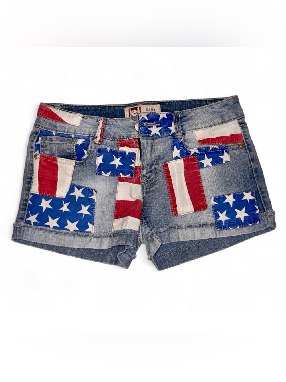 l.e.i. Vintage  Women's Flag Patch Denim Shorts - Red, White & Blue